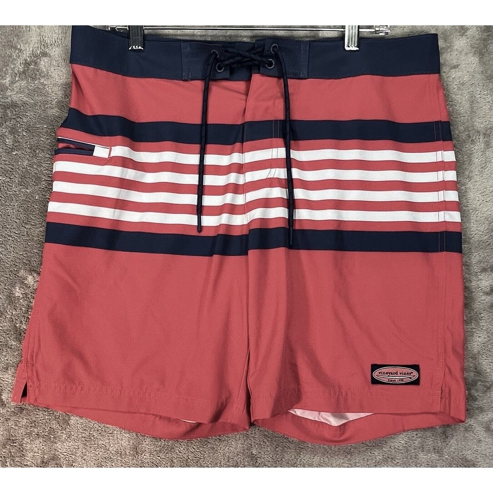 Vineyard Vines Performance‎ Swim Board Shorts Red Blue Strip Mens 33